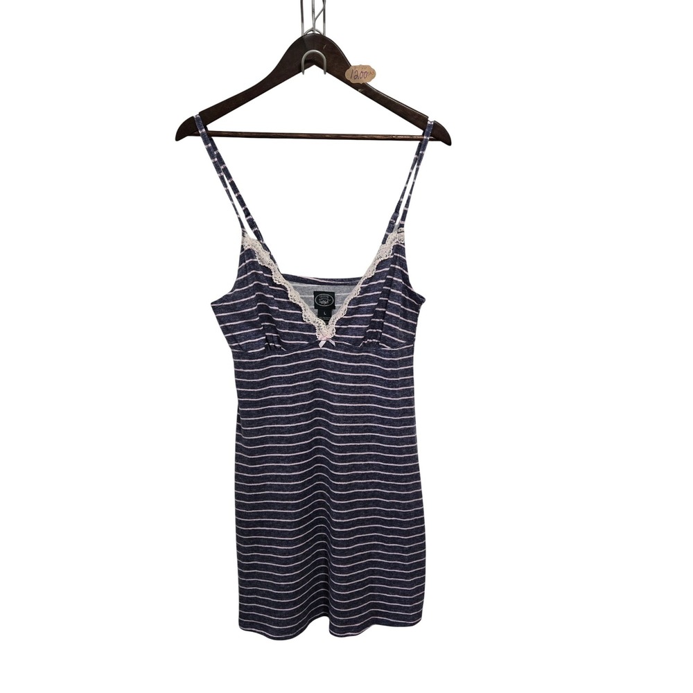 Laura Ashley Womens Striped Lace Trim Chemise Nightgown Blue White 6056-37 Large